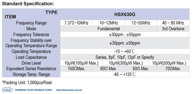 HSX630G晶振规格书